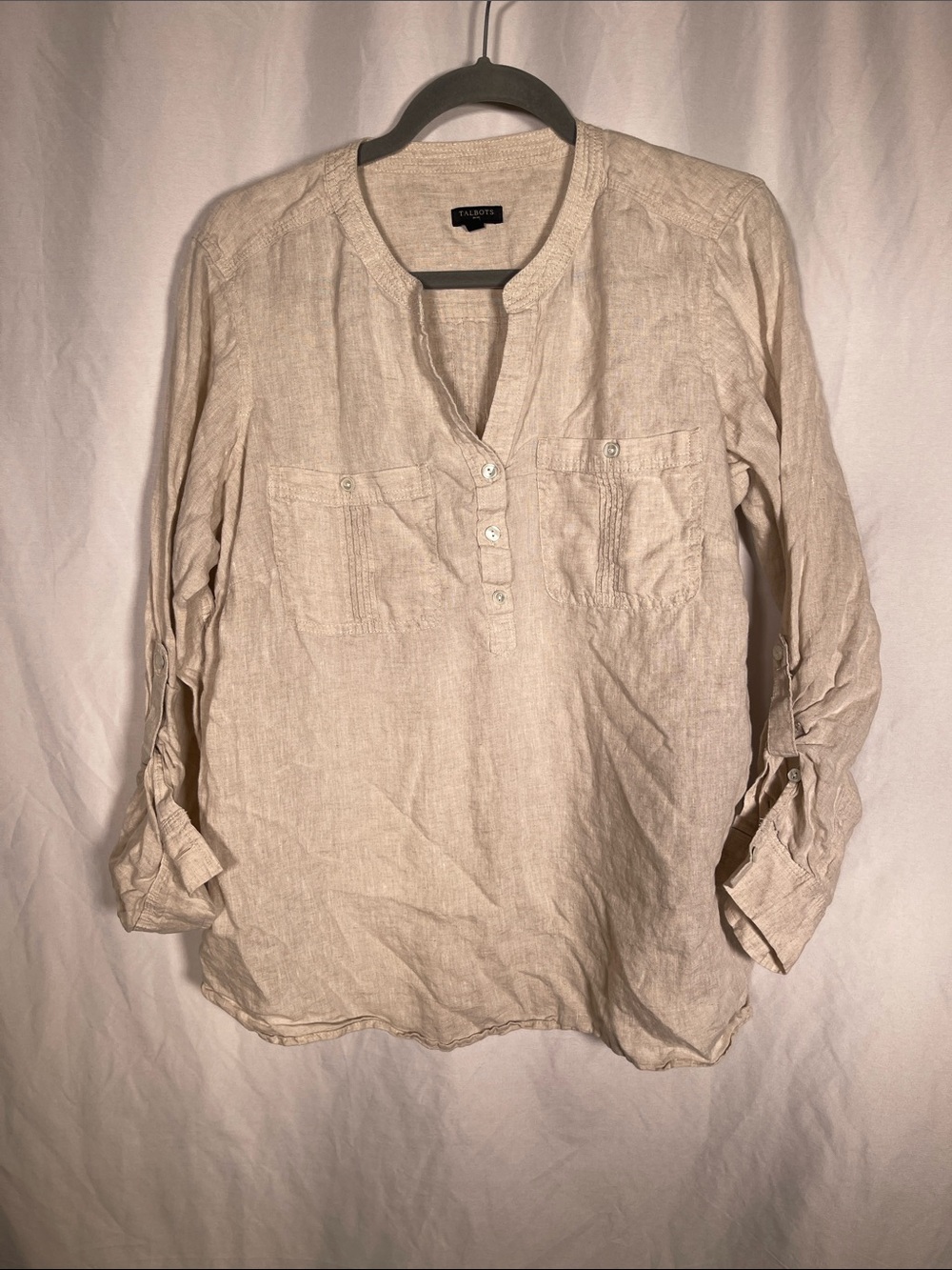 TALBOTS WOMENS BEIGE CREAM LINEN POPOVER TUNIC BLOUSE 1X
